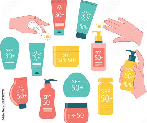 Sunscreen and sun protection illustration set with SPF bottles and hands applying lotion, summer skincare concept for UV protection, beach and health design use