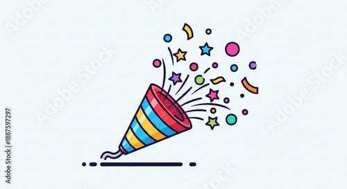 Colorful party horn with confetti and stars exploding in celebration on white background