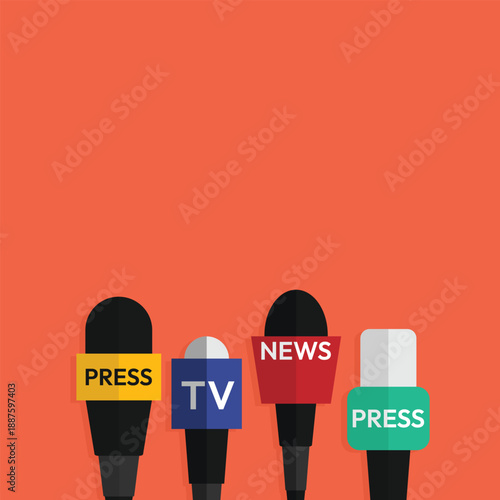 Colorful microphone background template. News, reporter and press banner. Television and media