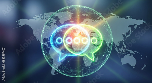 Global communication network with glowing speech bubbles on world map background with light effects