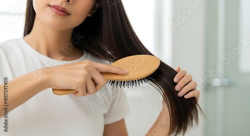 A young woman with long, dark hair is shown brushing her hair with a wooden brush in a well-lit bathroom.