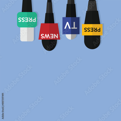 Colorful microphone background template. News, reporter and press banner. Television and media