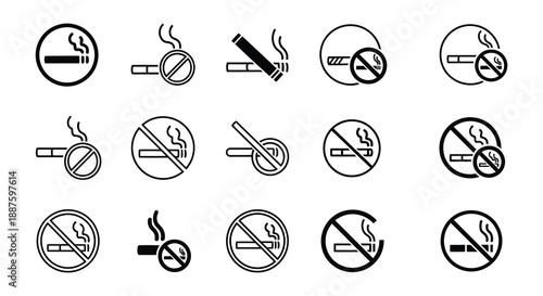 Collection of no smoking signs and symbols in black and white illustrations