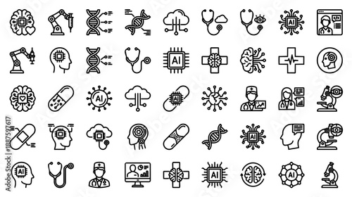 45 Healthcare and Artificial Intelligence Icons - Minimalist Line Art Vector Set