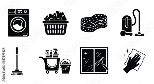 Black and white icons depicting various cleaning supplies and household chores