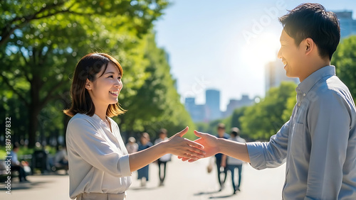 Young Professionals Shake Hands in City Park on Sunny Day