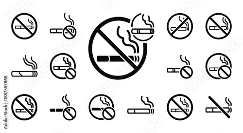 Collection of no smoking signs and symbols in black and white illustrations