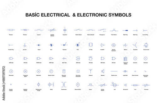 Basic electrical and electronic symbols Blue color.