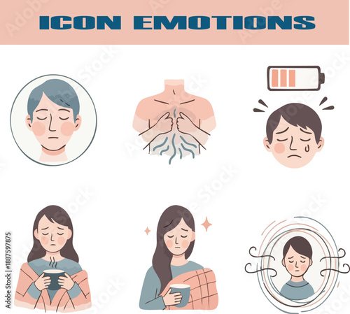 Illustration of emotional expressions and feelings represented by various facial and bodily reactions to different situations and stimuli., emotions illustration,  icon set of emotion
