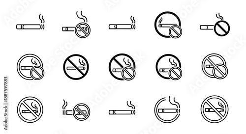 Collection of no smoking signs and symbols in black and white illustrations