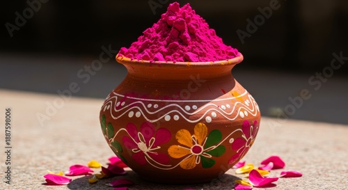 Clay pot with vibrant pink holi color powder. Traditional indian festival celebration for spring and new beginnings.