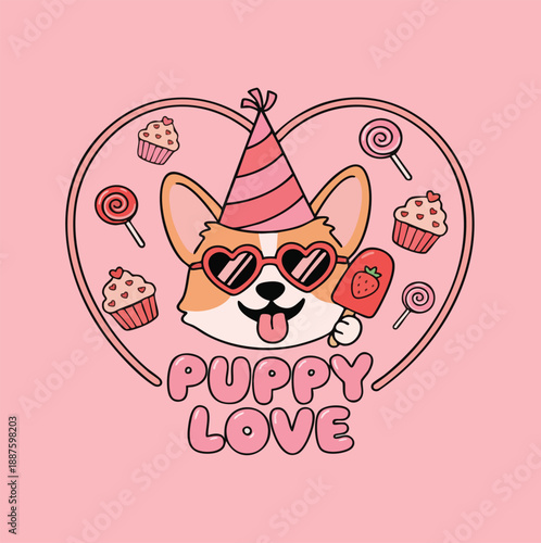 A cartoon corgi wearing sunglasses and a party hat surrounded by sweets in a heart-shaped frame, representing love for puppies, cartoon corgi, cute corgi, cute puppy, puppy illustration 