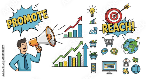 Businessman promoting products with megaphone and global reach