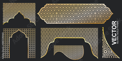 Collection of geometric border frames of mosque domes for Ramadan greeting card designs, minimalist and modern Ramadan Kareem elements with crescent moons and gold stars