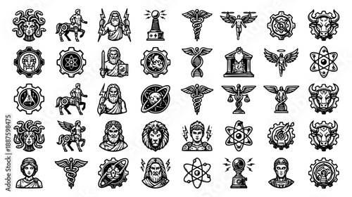 Mythology and Science Fusion Icon Set: 40 Vector Symbols of Ancient Legends and Modern Research in Bold Black and White Outline Style