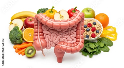 Gut health visualization with fruits and vegetables for healthy digestion process