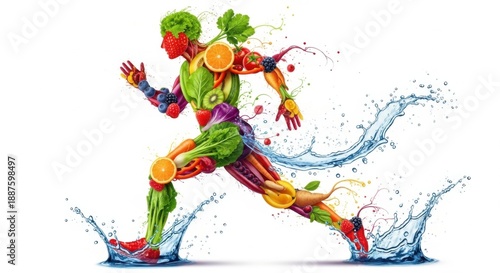 An athlete crafted from a medley of fruits and vegetables runs through water splashes