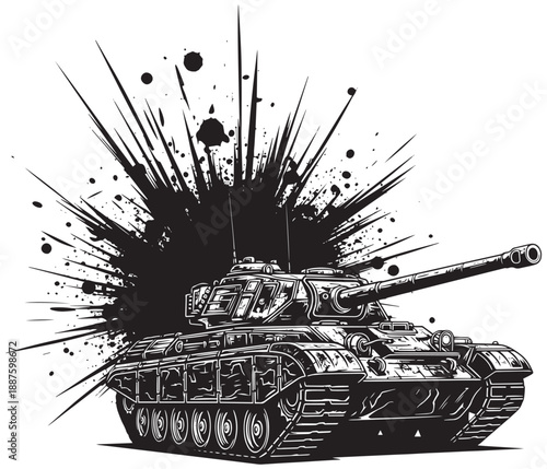 Military Tank Under Siege Huge Detonation Blast Ink Splatter War Art