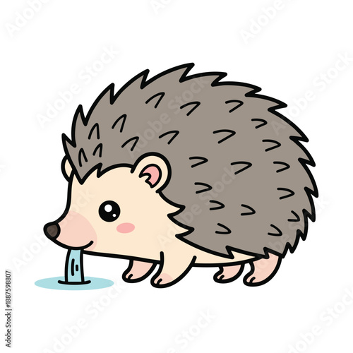 Cute cartoon hedgehog standing on its hind legs with a light blue in its mouth brown spikes