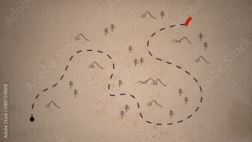 Scavenger hunt map animated with path route navigation on vintage old textured paper background. Treasure hunt map. 4k video