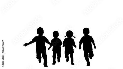 Silhouettes of happy children running together, conveying freedom and joy, perfect for family and childhood themes.