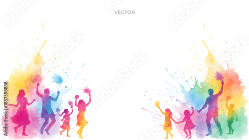 joyful minimal modern vibrant Holi fest banner card vector illustration. People playing with colors background.