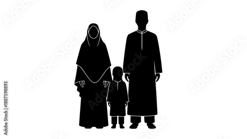 A black silhouette of a Muslim family, including a man, woman, and child, standing together in traditional clothing on a white background.