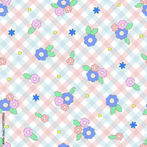 Seamless pastel-colored checkered and flower vector pattern. Gingham tablecloth pattern texture for textiles, cards, stationery, phone cases, paper gifts, wallpaper, and wrapping.