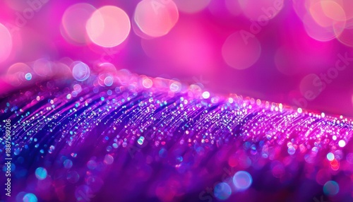 Purple and pink bokeh lights illuminate fiber optic strands, creating a vibrant, shimmering effect. AI.