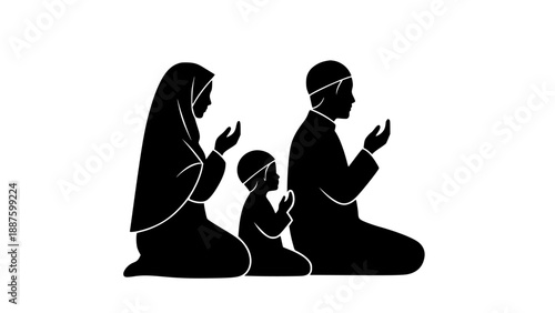 Elegant flat design vector illustration of a Muslim family praying in unity, featuring a serene silhouette style with soft lighting, ideal for religious, cultural, and family-themed projects.