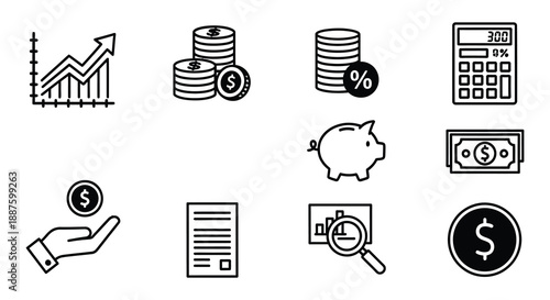 Financial growth and investment icons money charts piggy bank and savings