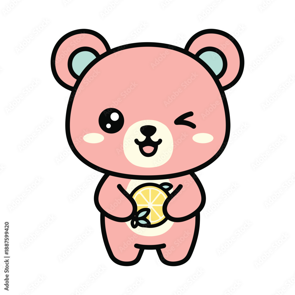 Obraz premium Pink cartoon bear holding a slice of lemon with a winking expression