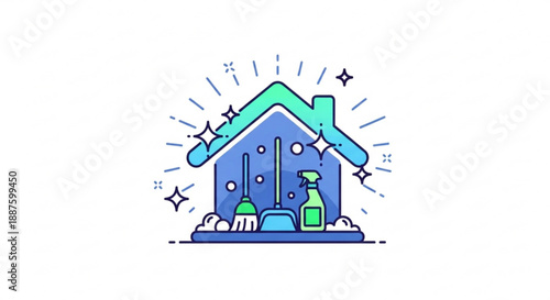 Cleaning tools and supplies in front of a sparkling clean house with a green roof symbolizing a fresh and tidy home environment with a broom mop and spray bottle