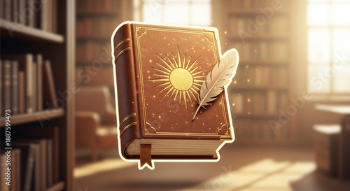 Vintage leather bound book with golden sun emblem and quill pen floating in a serene library setting with soft lighting and warm atmosphere
