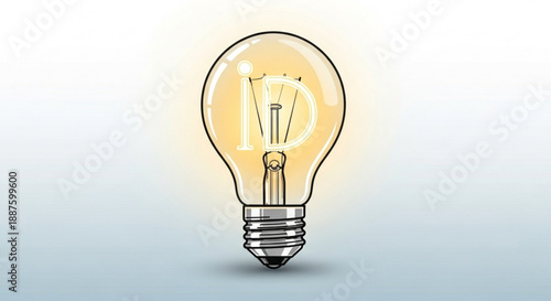 Glowing light bulb with silver base and yellow filament on gray background symbolizing ideas and innovation in business and technology