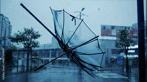 inverted. Inverted broken umbrella with bent frame in windy urban rain. mobility guides, transit brochures, designed for mobility and urban transit guides, clarifies navigation.