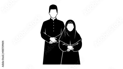 A minimalist black and white vector illustration of a Muslim couple standing side by side, dressed in traditional attire, conveying unity and cultural heritage.