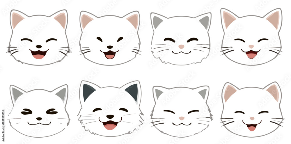 Obraz premium Conjunto de oito ícones de cabeças de gatos brancos felizes com expressões variadas em fundo transparente.