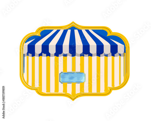 Tenda de barraca listrada azul e amarela com moldura decorativa dourada sobre fundo branco.