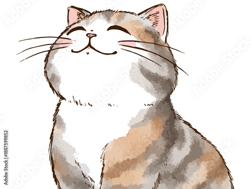 Gato calico sorridente com olhos fechados em ilustração fofa e alegre com fundo transparente.