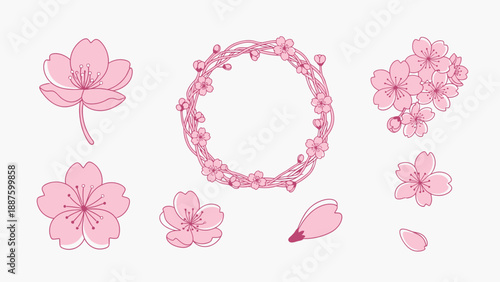 Pink Cherry Blossom Elements: Wreath, Flowers, Petals - Spring Illustration