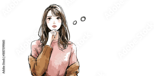 Ilustração de jovem mulher com expressão pensativa e mão no queixo sobre fundo branco.