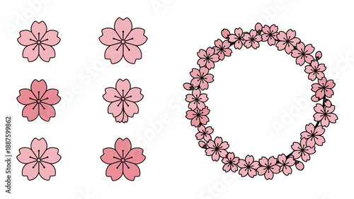 Pink Cherry Blossom Flower Designs: Isolated Blooms & Wreath