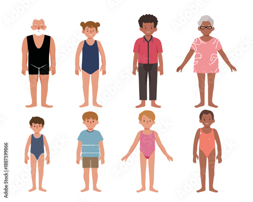Conjunto de ilustrações vetoriais de pessoas de diferentes idades e etnias vestindo roupas de banho sobre fundo transparente.