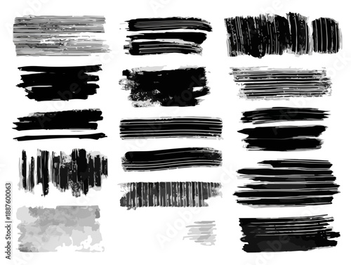 Coleção de pinceladas pretas e cinzas em estilo grunge e abstrato, isoladas em fundo transparente.