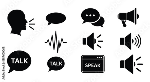 Communication icons depicting speech sound and dialogue in a monochrome style