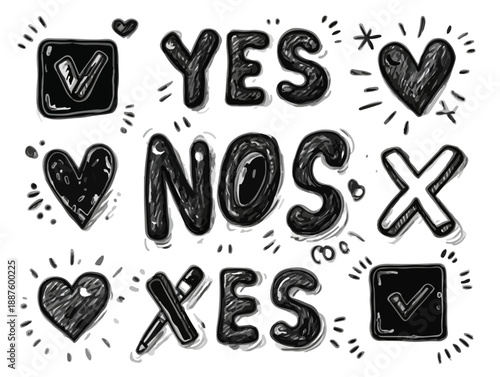 Conjunto de ícones desenhados à mão com as palavras Sim e Não em estilo rabisco e traço