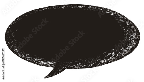 Burbuja de diálogo ovalada negra dibujada a mano con textura, ideal para texto o mensaje sobre fondo transparente.
