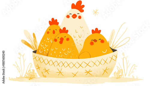 Família adorável de galinhas e pintinhos amarelos em uma cesta com fundo transparente e estilo de desenho animado.