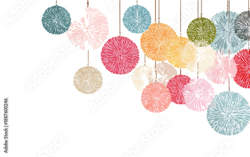 Decoración colgante abstracta con esferas texturizadas de colores pastel sobre fondo blanco, diseño elegante.